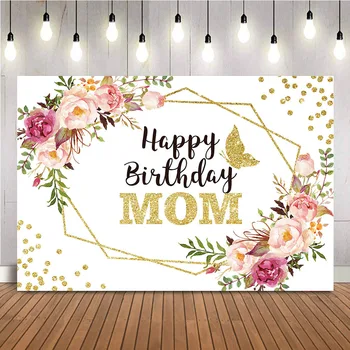 Palju õnne Sünnipäevaks Ema Taustaks Fotograafia Roosad Lilled Gold Glitter Täpid ja Liblikas Foto Taust Photocall Kohandada